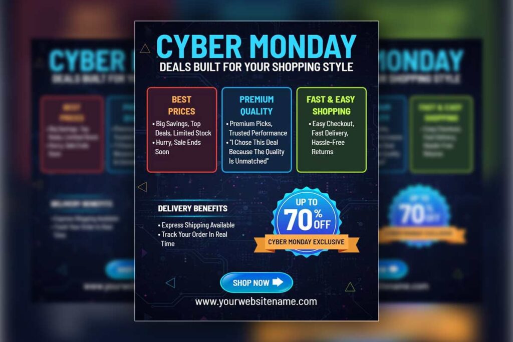 Tech-Inspired Cyber Monday Sale Discounts Flyer Template