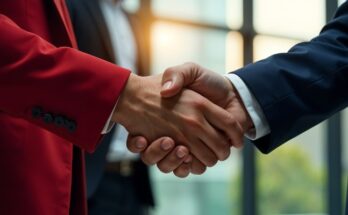 Professional handshake between two businesspeople in an office