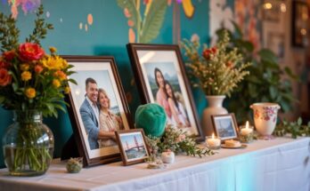 Memorial table with framed photos, flowers, and sentimental decorations