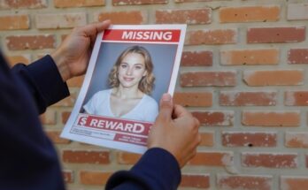 Person holding a missing person flyer against a brick wall