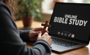 Hands holding a wooden cross during an online Bible study session