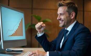 Businessman looking at an upward-trending growth chart