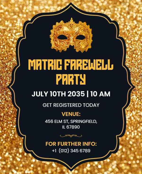 Matric farewell party flyer with event details and vibrant, celebratory design