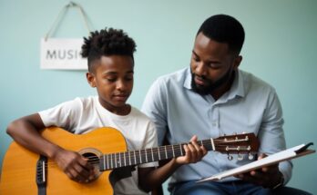 A young boy learning to play the guitar with guidance