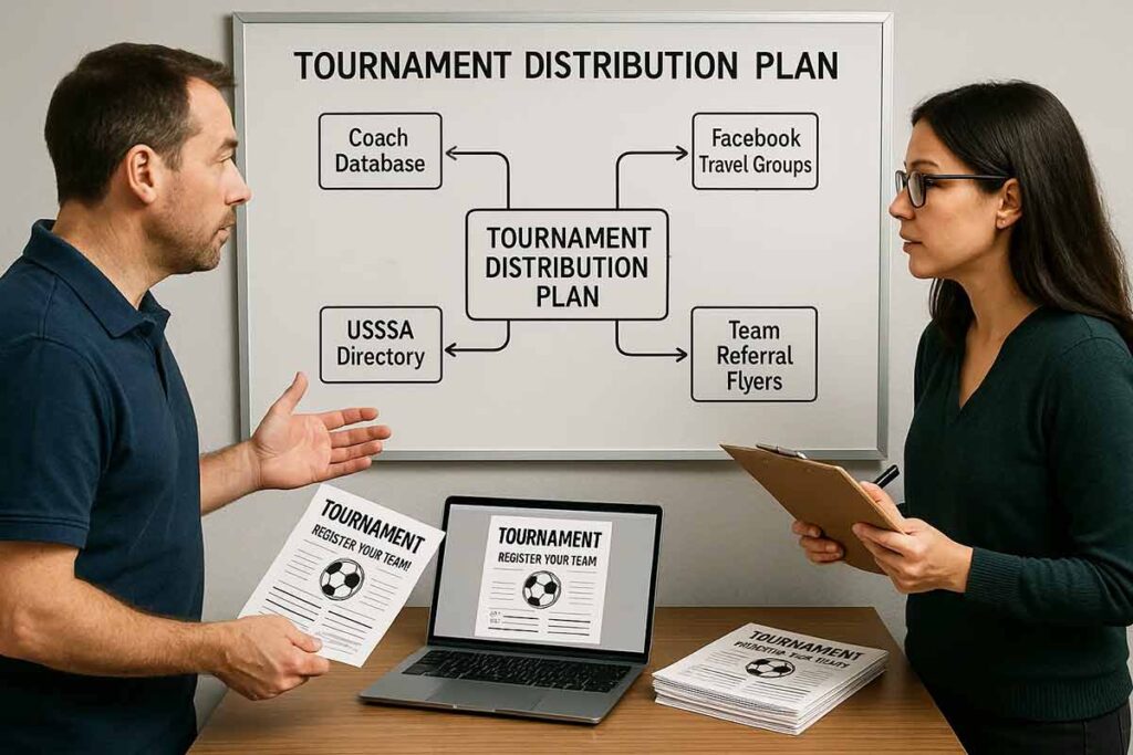 Tournament distribution network diagram showing coach databases and circuit partnerships