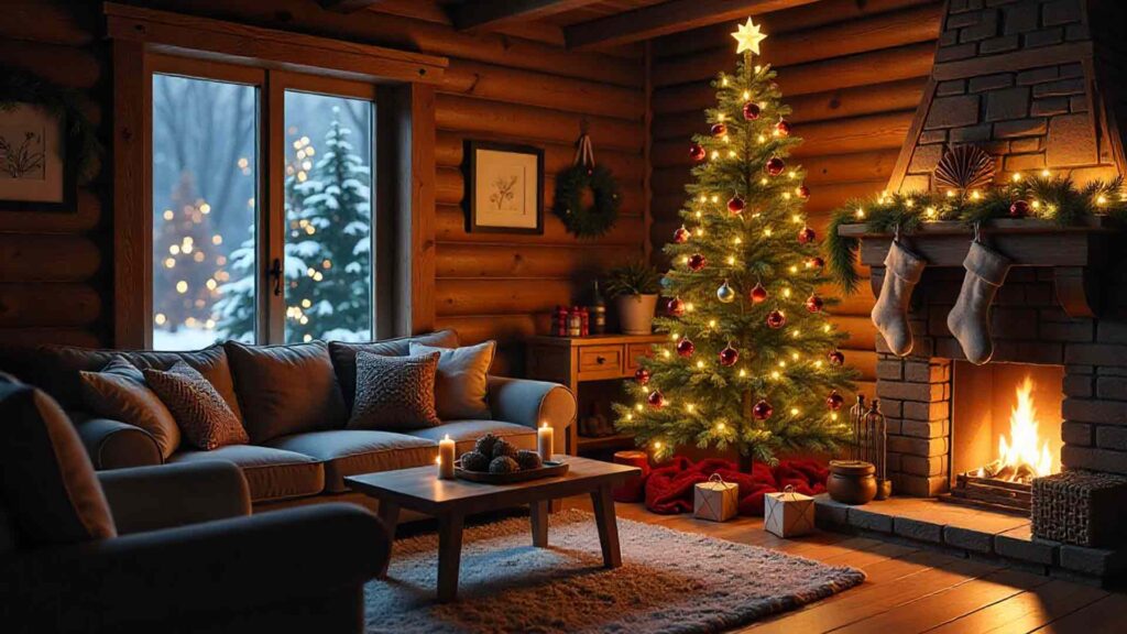 Traditional Living Room With A Large Decorated Christmas Tree