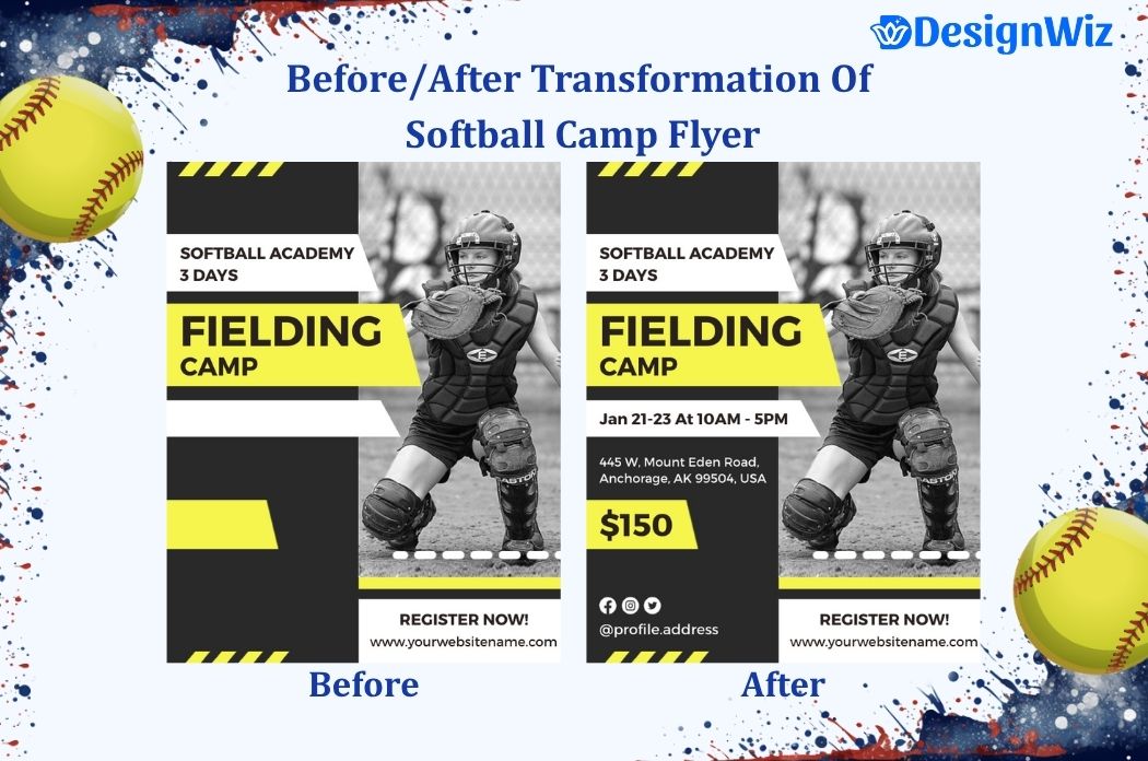 Before/After Transfomation of Softball camp Flyer