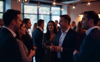 A group of professionals in business attire networking in a modern office