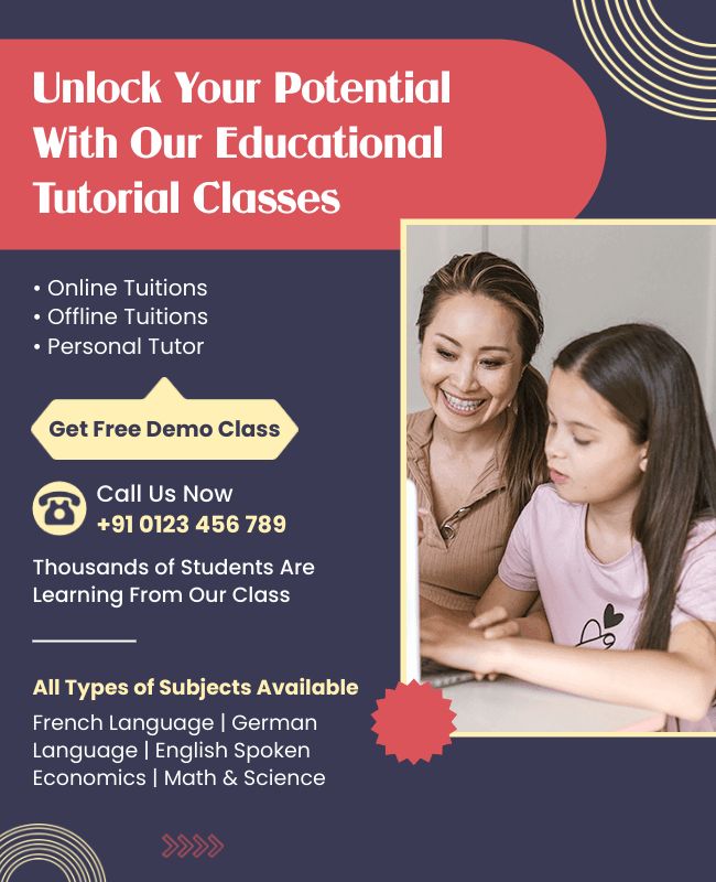 A clean and informative flyer promoting educational tutorial classes with key details