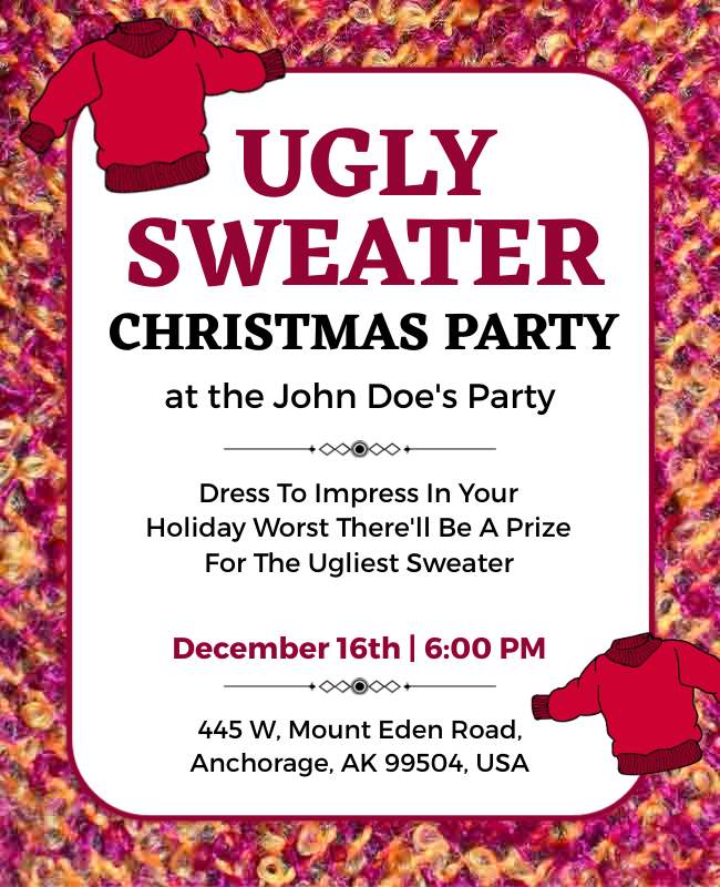 A fun Christmas party flyer with playful fonts and ugly sweater graphics for a casual, lighthearted event