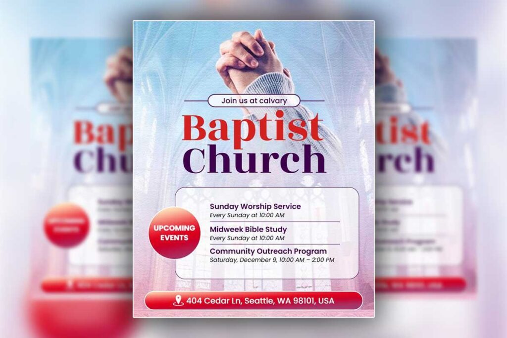 Upcoming Events At Baptist Church Announcement Flyer Template