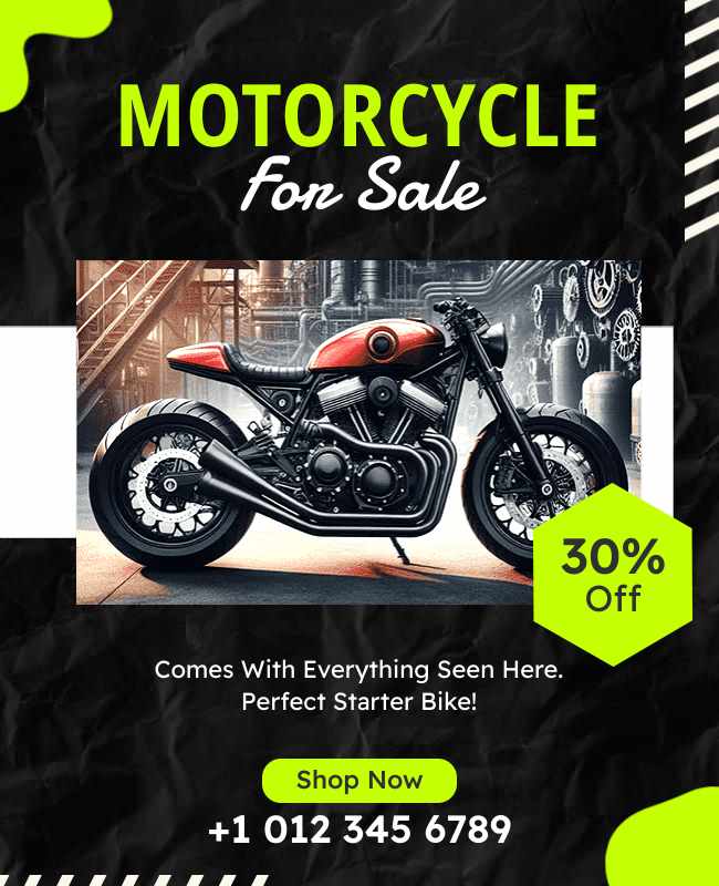 Promotional flyer highlighting motorcycle sales with bold headers and eye-catching images.