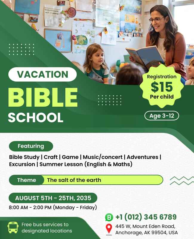 Vacation Bible School event flyer with colorful and engaging details.