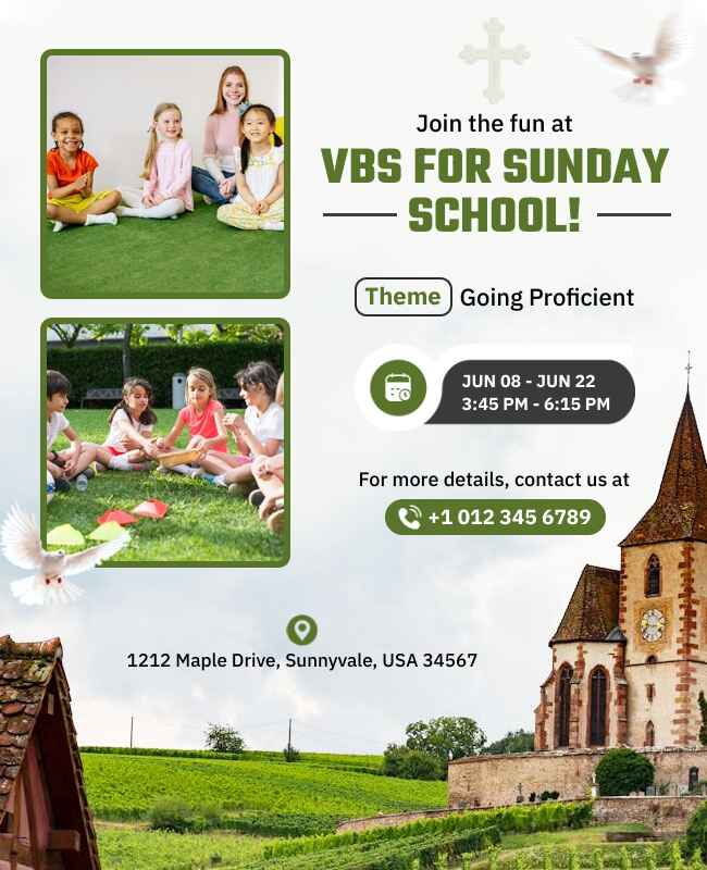 Vacation Bible School flyer for Sunday School featuring vibrant graphics.