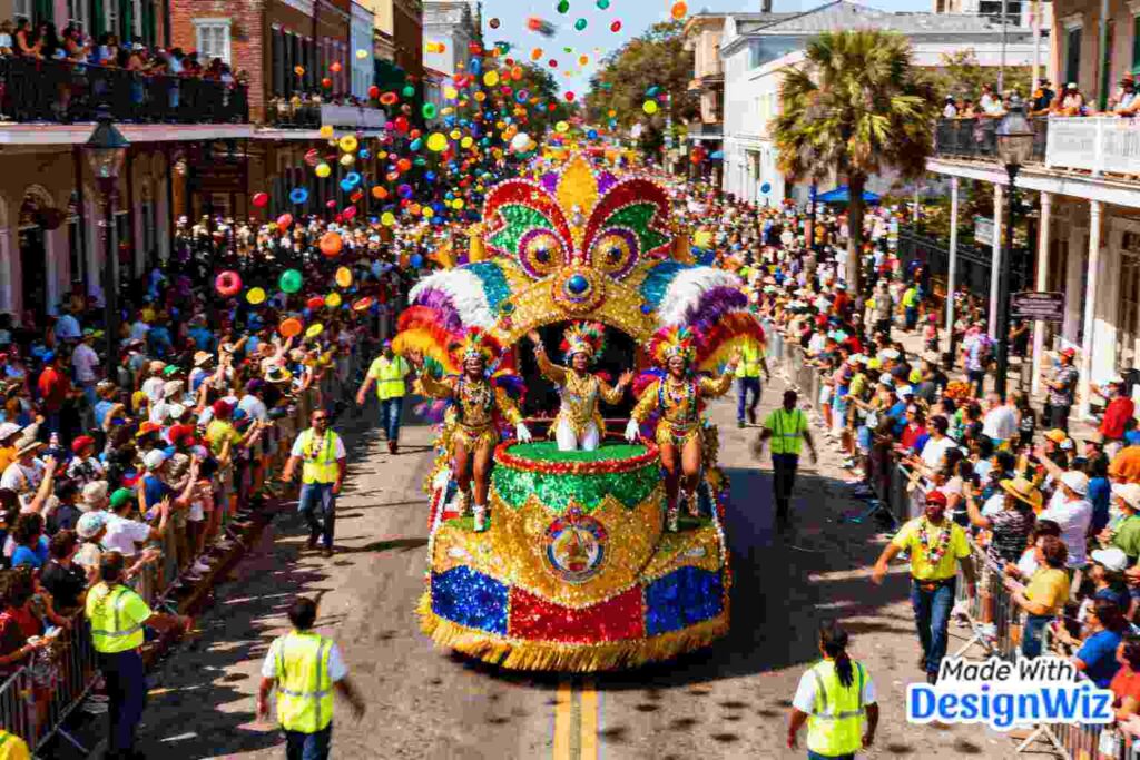 vibrant mardi gras image parade with celebrating crowds