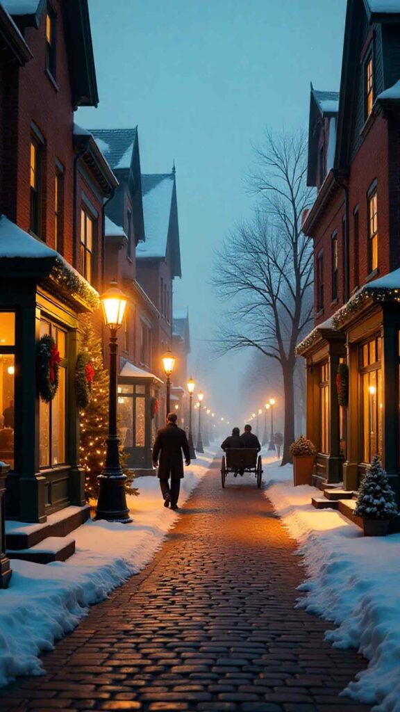 Victorian Christmas Street At Night Background