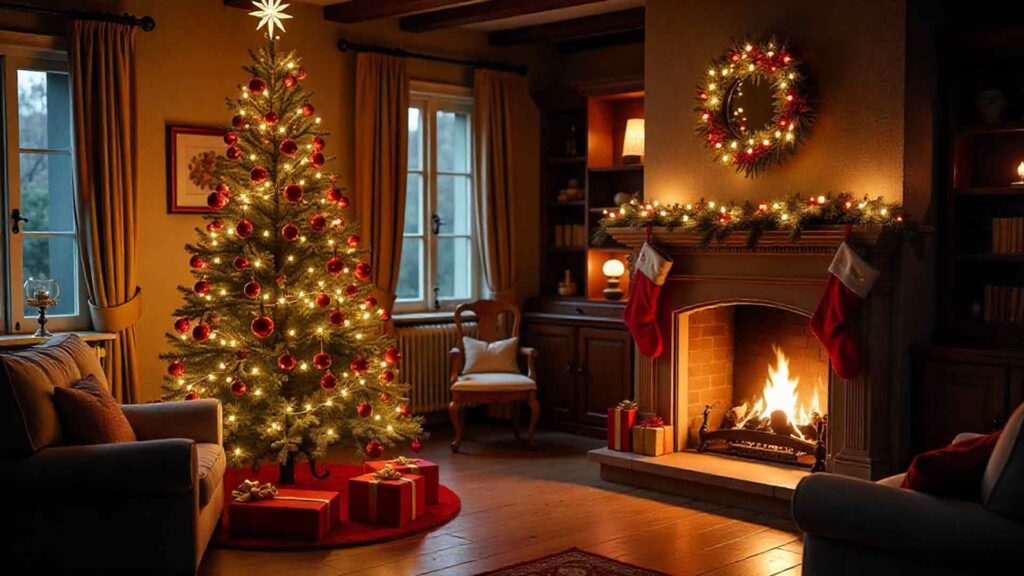 Traditional Living Room With A Tall Decorated Christmas Tree