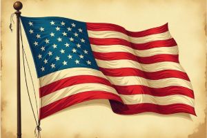 Vintage-style illustration featuring a waving patriotic American flag
