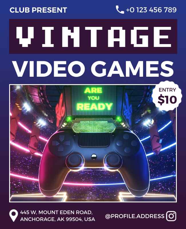 Dark Blue Vintage Video Game Flyer Template