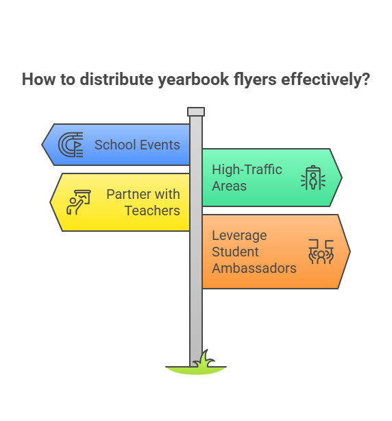 Strategic yearbook flyer distribution through events, high-traffic areas, and students