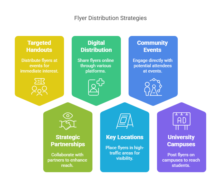 Effective conference flyer distribution: handouts, partnerships, digital sharing, key locations, and campuses.