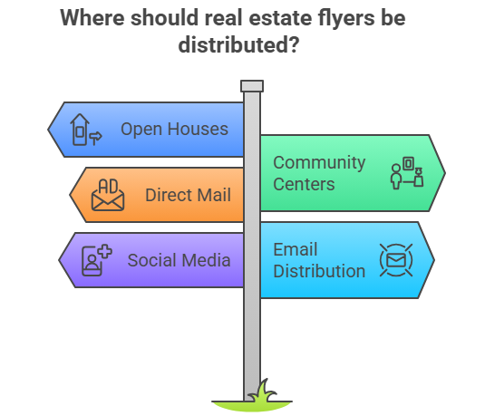 top ways to distribute real estate flyers: open houses, local businesses, mail, email, and social media.