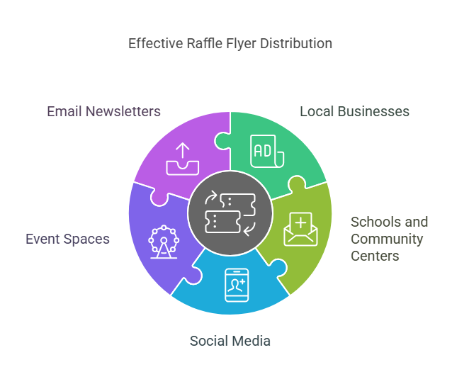 Where to distribute 50-50 raffle flyers: businesses, schools, events, social media, and emails