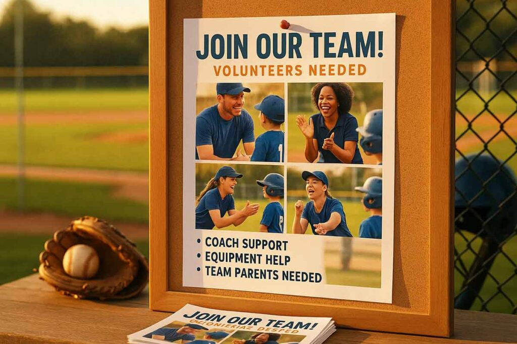 Little league volunteer recruitment flyer example showing community engagement