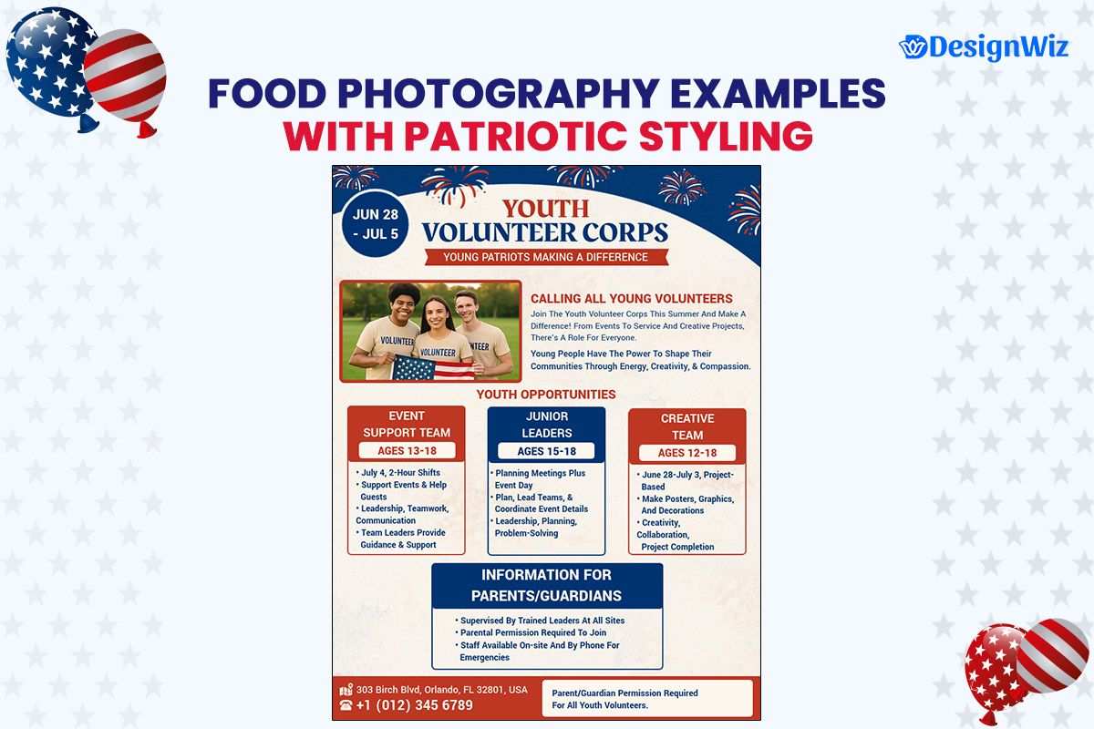 Volunteer Section Examples Showing Effective Recruitment Elements in 4th of July Church or Non-profit Flyer