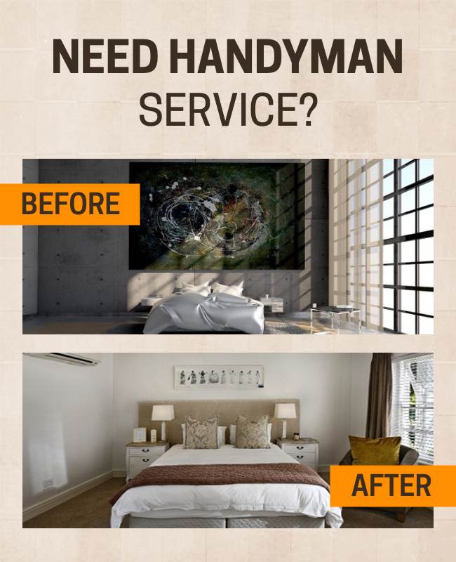 A striking handyman flyer featuring a captivating before-and-after transformation, highlighting affordable and reliable services .