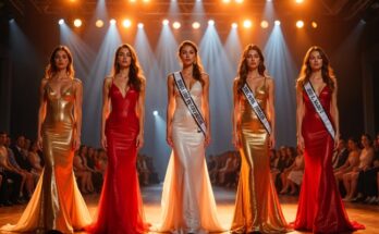 Beauty pageant contestants standing on stage in elegant gowns