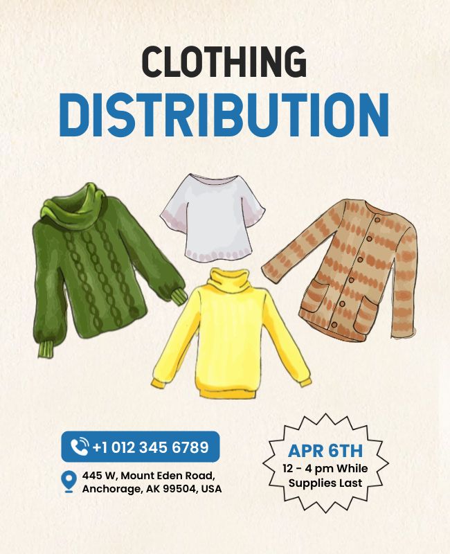 Vibrant flyer promoting clothing distribution services with key details and dates