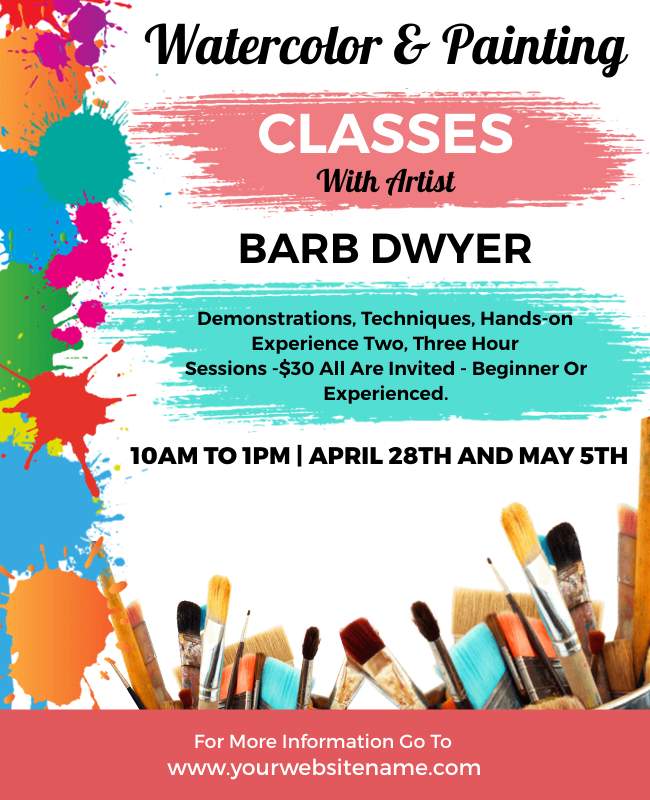 Flyer with color scheme matching artwork, using soft pastels for a watercolor workshop