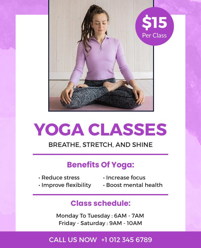  Yoga class schedule paper flyer featuring class timings, location, and a peaceful design