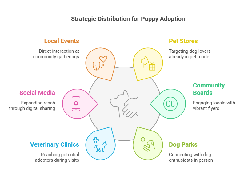 Top locations to distribute flyers for puppies for sale, including pet stores, parks, and community boards.