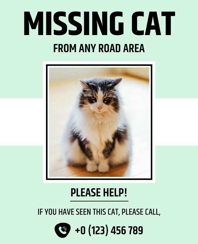 Bold 'MISSING CAT' flyer with clear text, cat photo, contact details, and urgent appeal