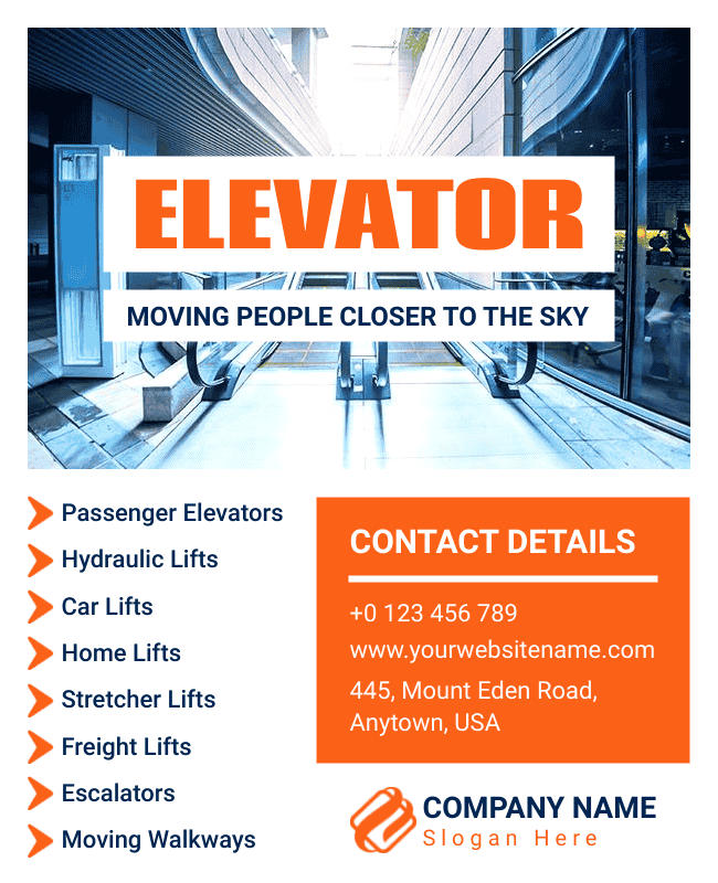 Modern elevator flyer featuring a white and orange color scheme.