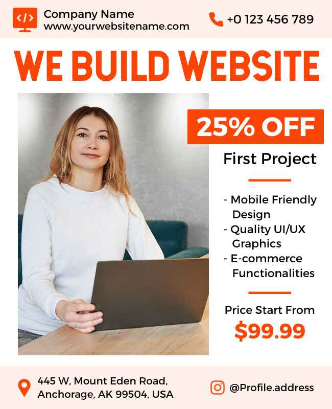 Stylish white and peach flyer promoting website services.