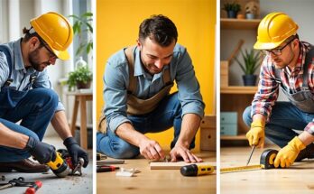 Handyman service flyer with sections on plumbing, carpentry, and flooring, highlighting essential tools