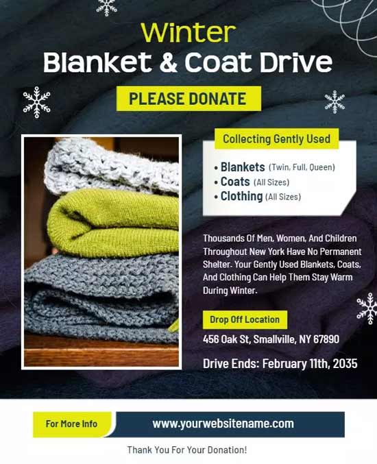 Blanket and Coat Donation Drive Flyer for Community Support and Seasonal Contributions