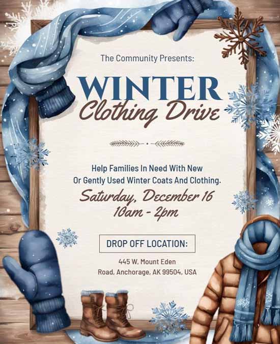 Winter Clothing Drive Charity Event Flyer Highlighting Warm Clothing Donations