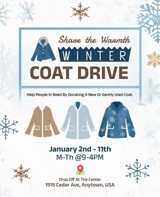 Winter Coat Drive Donation Flyer Highlighting Seasonal Warmth and Community Support