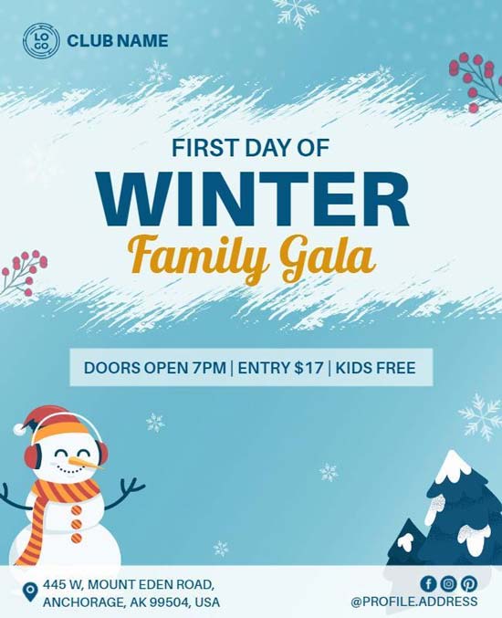 Winter Family Gala Event Flyer Featuring Cozy Design and Event Details