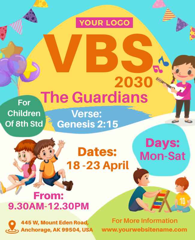 Yellow and green VBS flyer with simple and cheerful design.