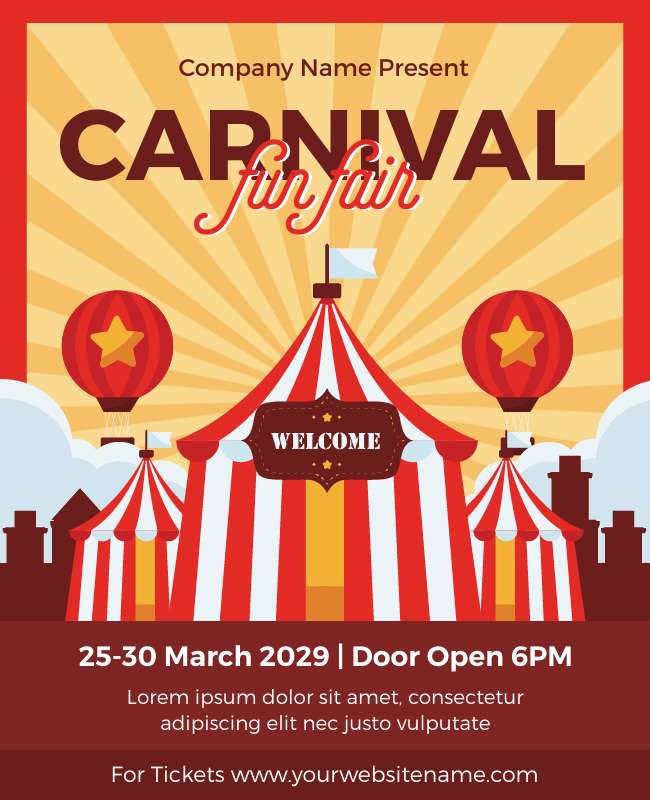 Retro flyer with striped tents and vintage circus performers.