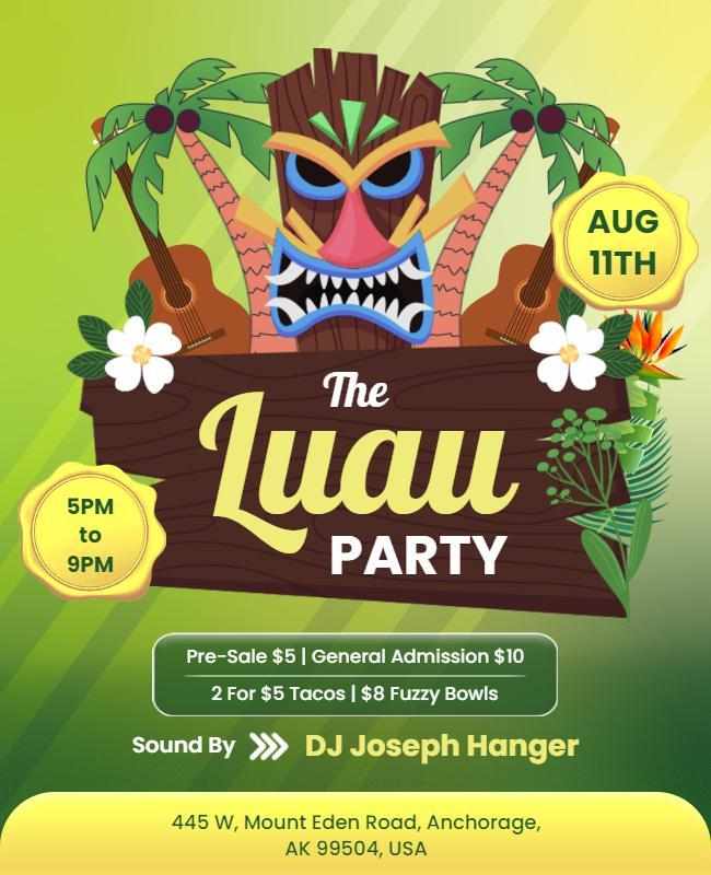 Bright and festive tropical luau party flyer with palm trees, hibiscus flowers, and event details