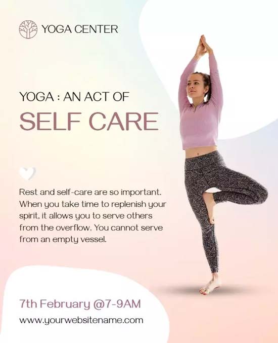 Yoga Center Self-Care Event Flyer Showcasing Relaxation and Wellness Activities