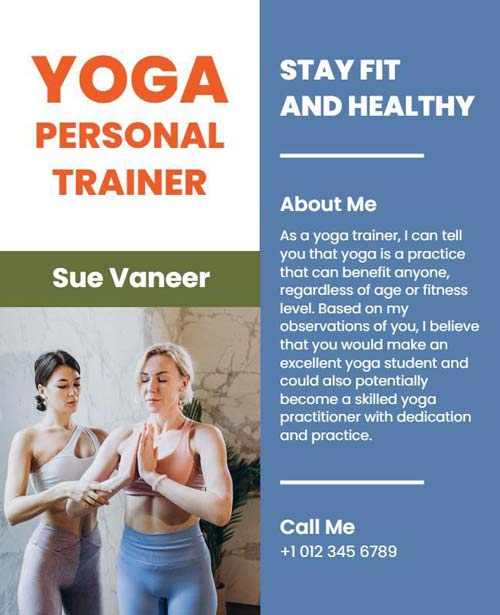 Yoga Personal Trainer Flyer Featuring Calm Design and Wellness Program Details