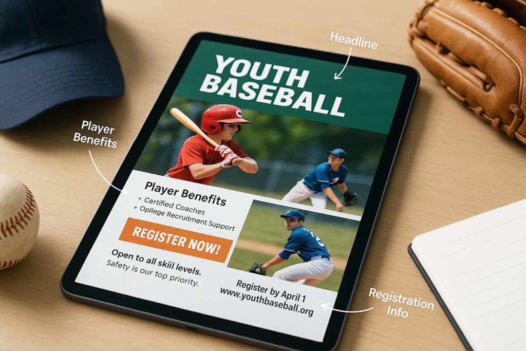 mockup of a youth baseball flyer featuring interactive game schedules and player profiles.