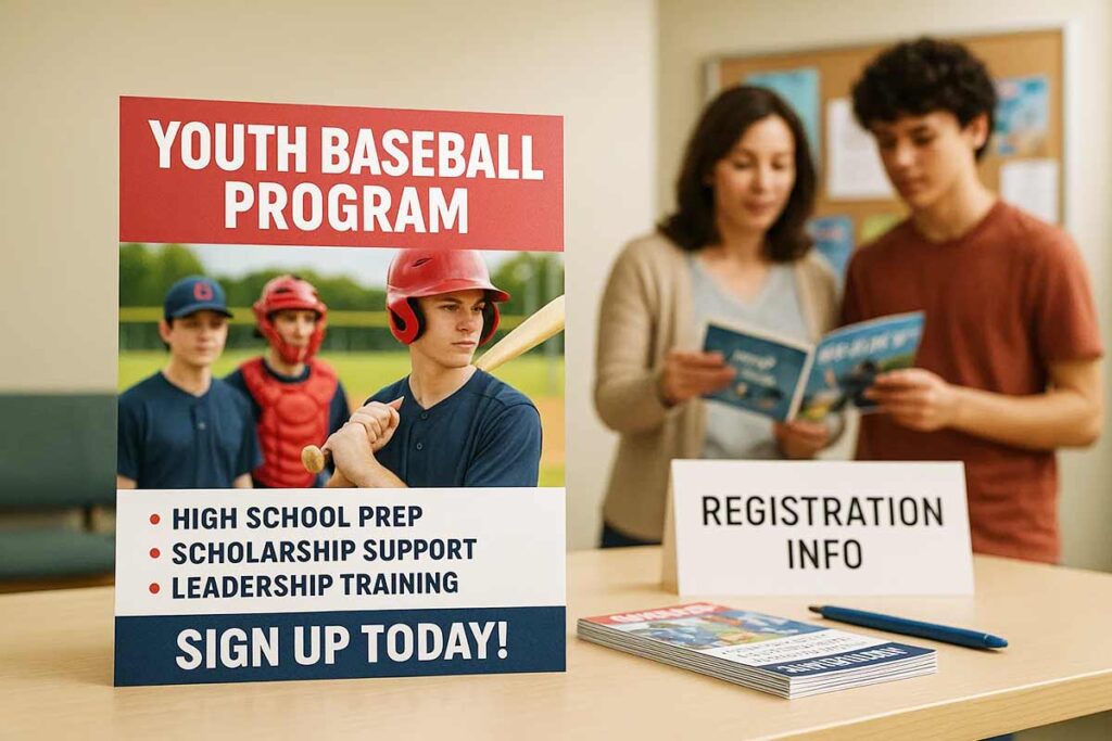 Youth baseball sign with program name and graphics, inviting young players to join.